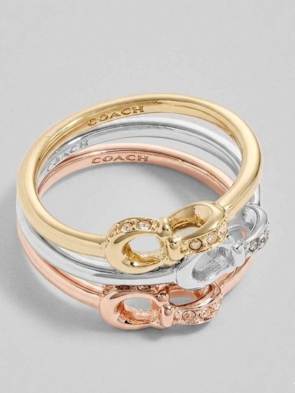 COACH  Signature logo Pave Crystals Ring Set 7 - Set of 3 Stackables Interlock
